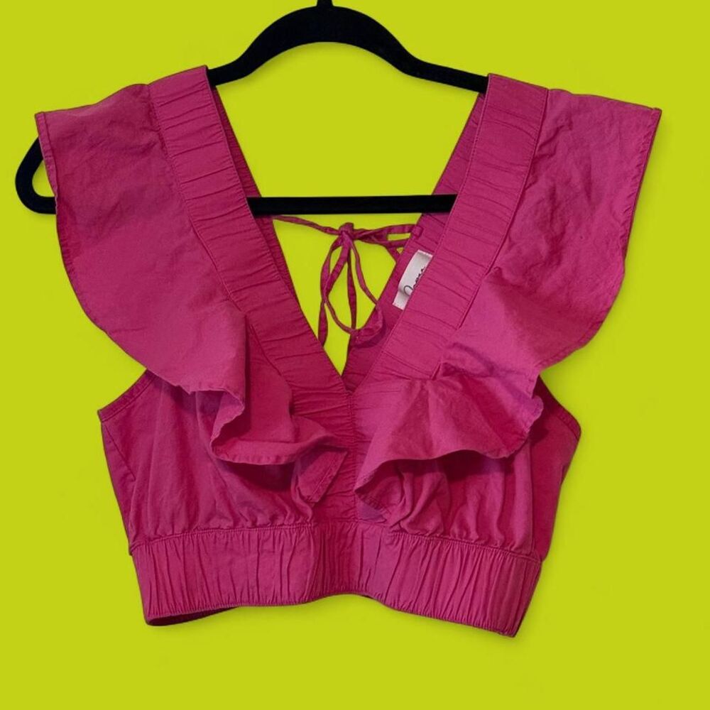 Japna Hot Pink V-Neck Ruffle Shoulder Smocked Crop Top Size Medium
